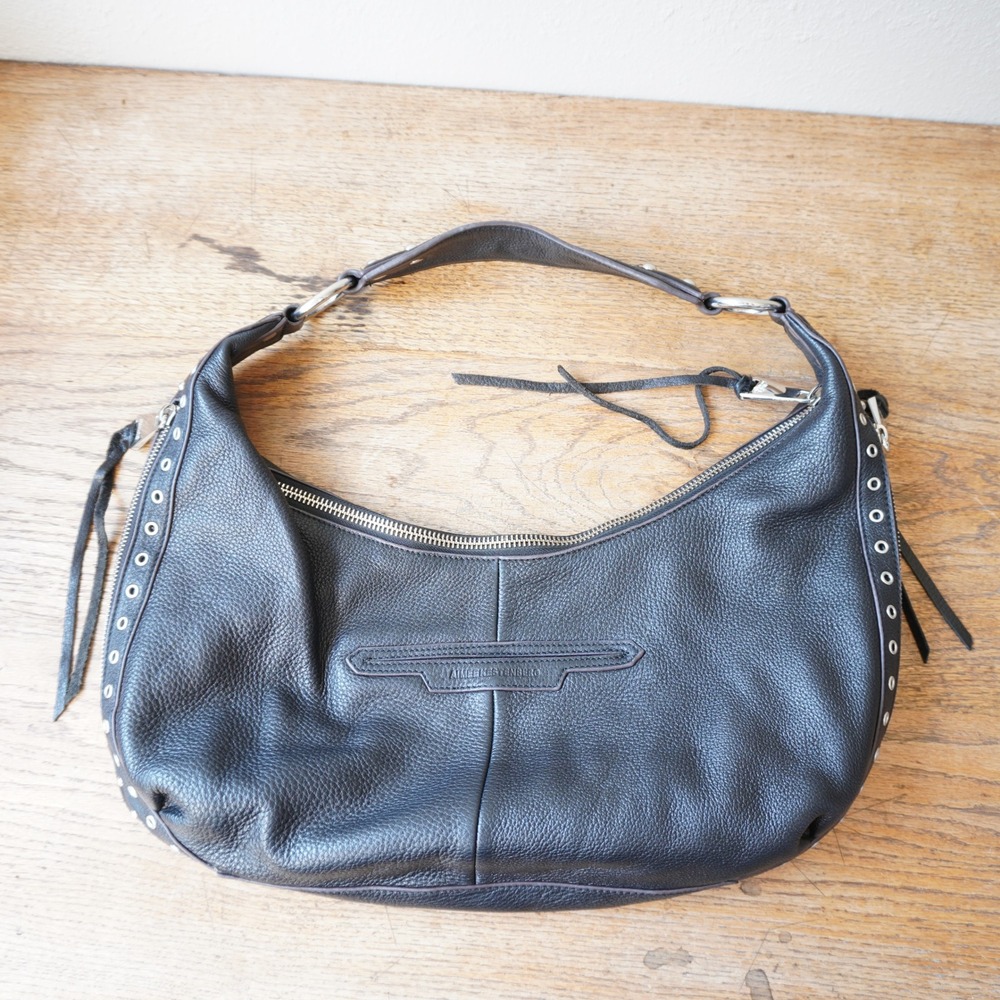 Aimee Kestenberg Black Pebbled Leather Hobo Bag Studded Grommet Shoulder Bag